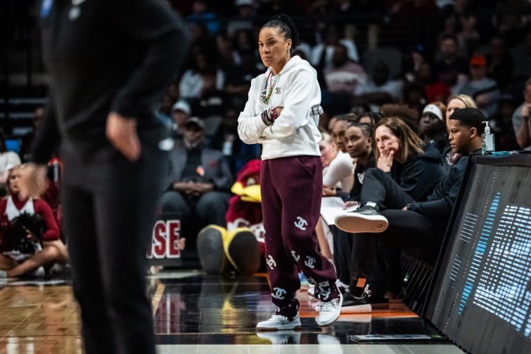 South Carolina Gamecocks head coach Dawn Staley watches the game in the second half of the NCAA Regional Final game at Legacy Arena in Birmingham Alabama, March 30, 2025. The Gamecocks won the game and will advance to the Final Four.South Carolina Gamecocks head coach Dawn Staley watches the game in the second half of the NCAA Regional Final game at Legacy Arena in Birmingham Alabama, March 30, 2025. The Gamecocks won the game and will advance to the Final Four.