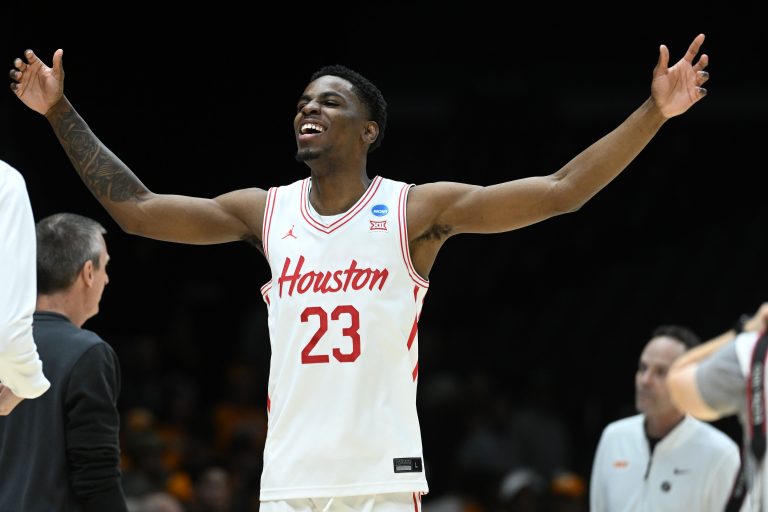 Houston Cougars guard Terrance Arceneaux (23) reacts against the Tennessee Volunteers in the second half during the Midwest Regional final of the 2025 NCAA tournament at Lucas Oil Stadium.