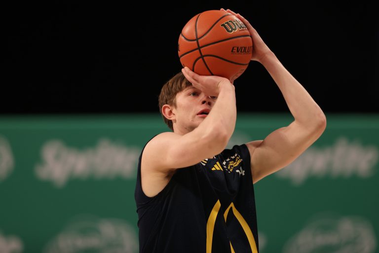can West forward Nikolas Khamenia (14) shoots the ball during the Sprite Jam Fest at Barclay's Center.