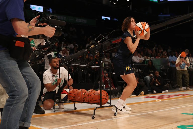 McDonald’s All American West guard Aaliyah Chavez (2) shoots the ball during the three point contest during the Sprite Jam Fest at Barclay's Center.