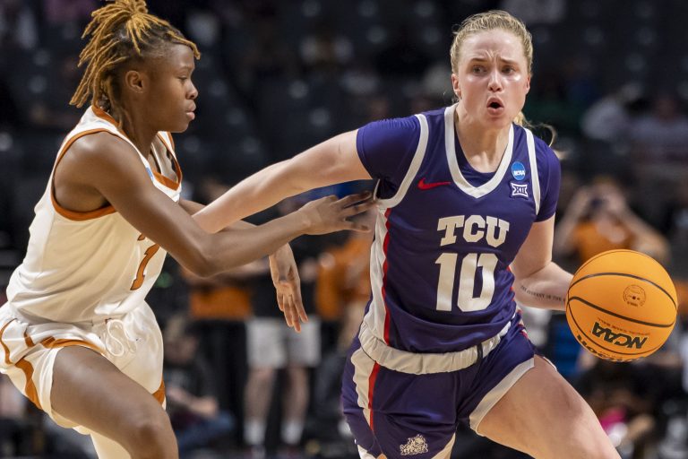 TCU Horned Frogs guard Hailey Van Lith (10) works against Texas Longhorns guard Bryanna Preston (1) during the second half of an Elite 8 NCAA Tournament basketball game at Legacy Arena.