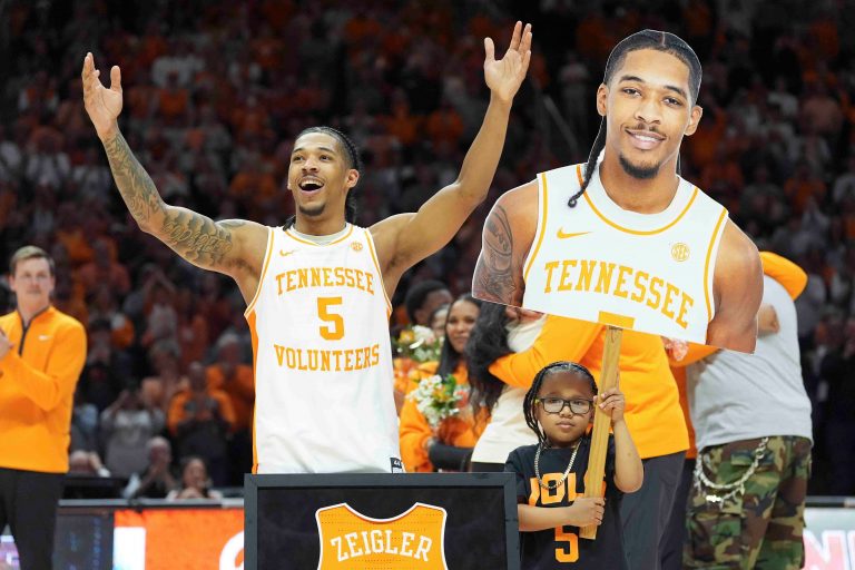 Tennessee's Zakai Zeigler (5) during Senior Day presentations after a men’s college basketball game between Tennessee and South Carolina at Thompson-Boling Arena at Food City Center, Saturday, March 8, 2025.