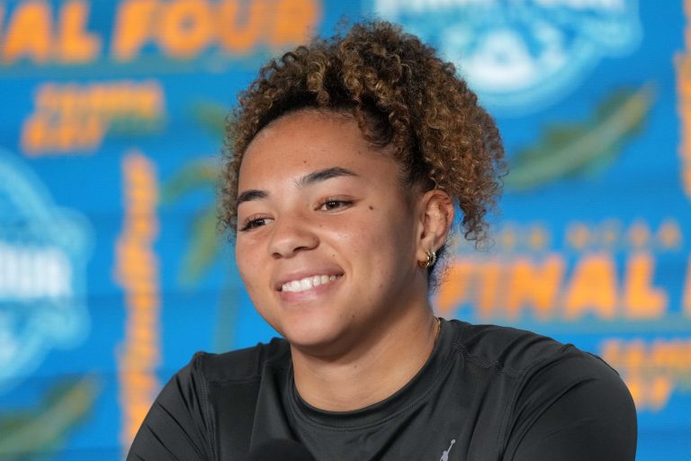 UCLA Bruins guard Kiki Rice during press conference at Amalie Arena.
