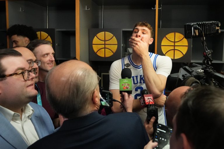 Duke Blue Devils forward Cooper Flagg (2) is interviewed during open locker room at Alamodome.
