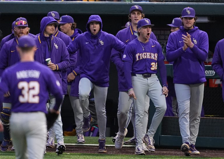 LSU celebrates during the college baseball game between the University of Oklahoma Sooners and the LSU Tigers at L. Dale Mitchell Park in Norman, Okla., Thursday, April, 3, 2025.