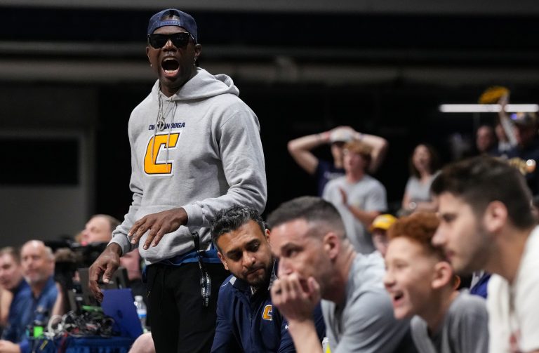 Terrell Owens yells from the sidelines Thursday, April 3, 2025, during the National Invitational Tournament