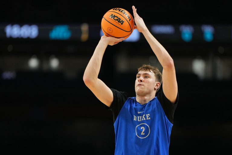 Duke Blue Devils guard Cooper Flagg (2) during a practice session for the Final Four of the 2025 NCAA tournament at Alamodome.