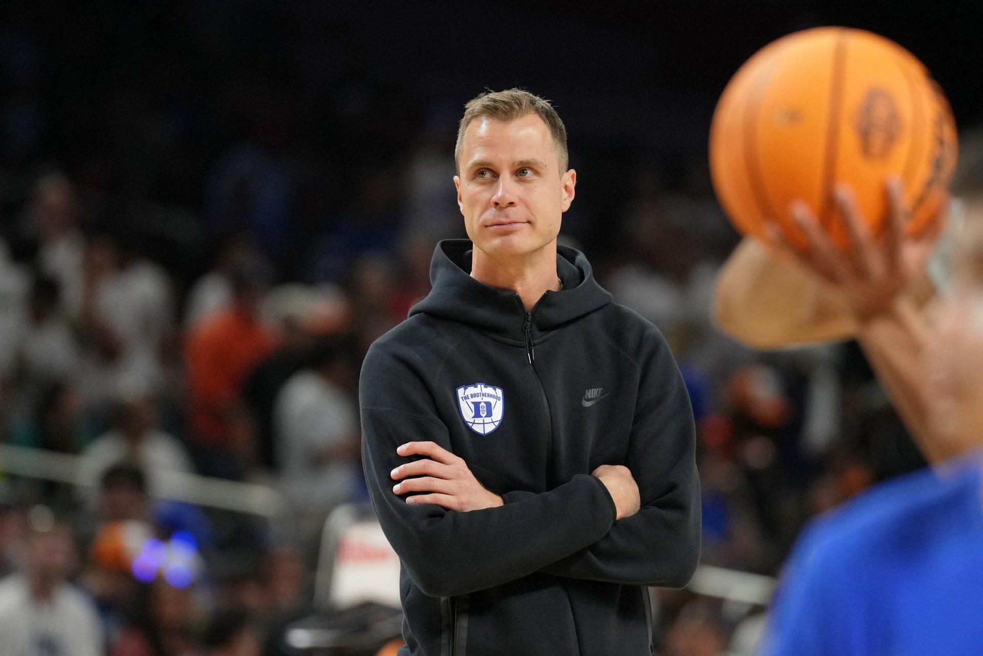 Duke Blue Devils head coach Jon Scheyer during a practice session for the Final Four of the 2025 NCAA tournament at Alamodome.