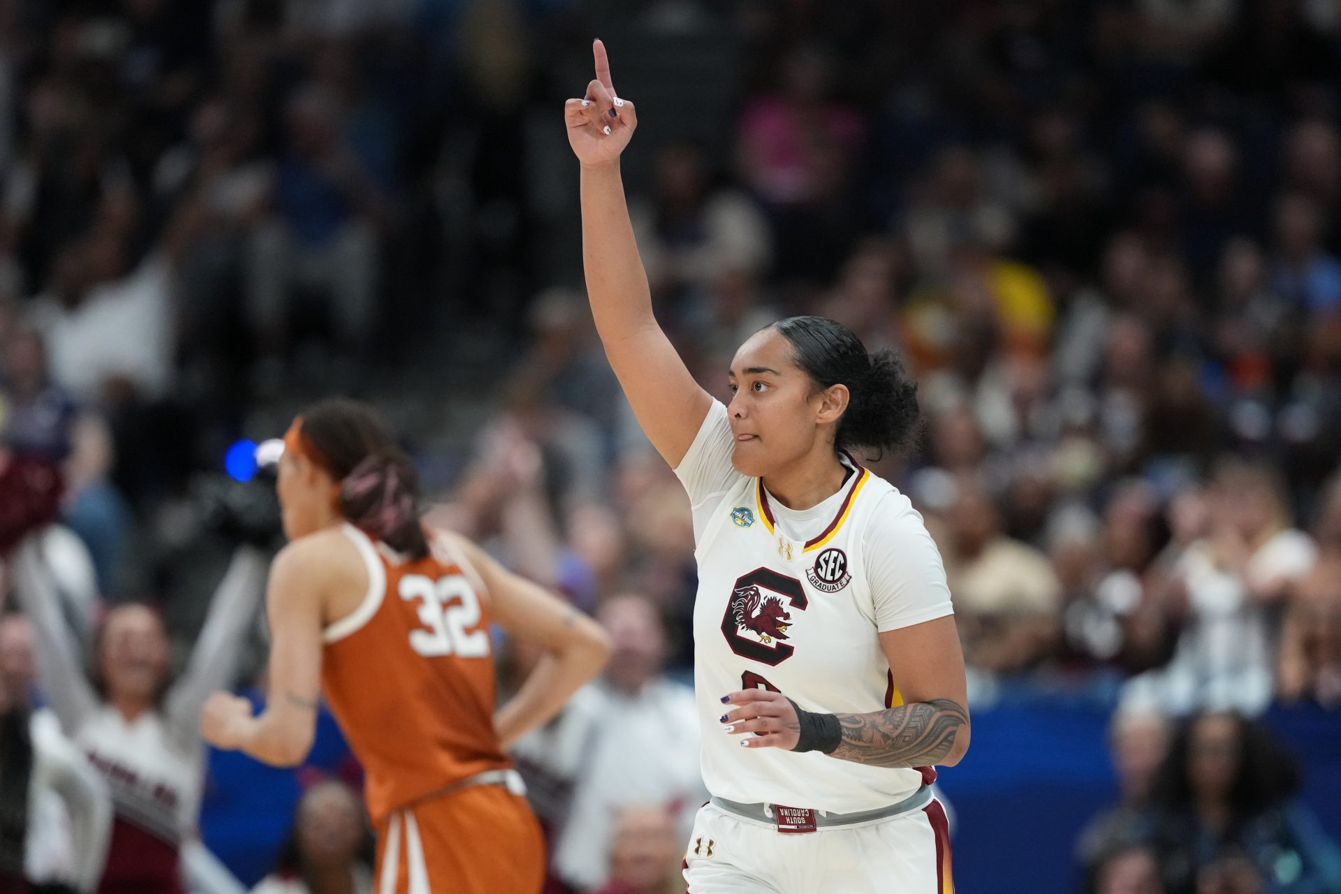 South Carolina Gamecocks guard Te-Hina Paopao (0) reacts during the fourth quarter in a semifinal of the women's 2025 NCAA tournament against the Texas Longhorns at Amalie Arena.