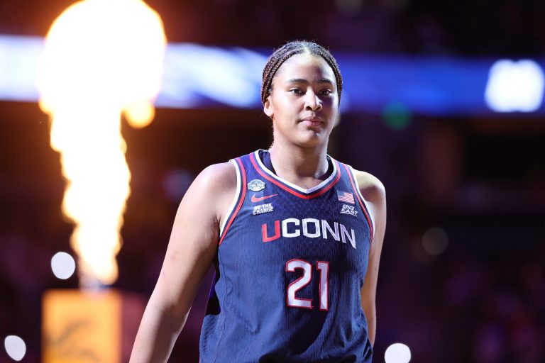 Connecticut Huskies forward Sarah Strong (21) is introduced prior to the first quarter in a semifinal of the women's 2025 NCAA tournament against the UCLA Bruins at Amalie Arena.
