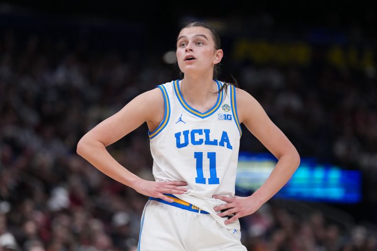 UCLA Bruins guard Gabriela Jaquez (11) reacts during second quarter in a semifinal of the women's 2025 NCAA tournament against the Connecticut Huskies at Amalie Arena.