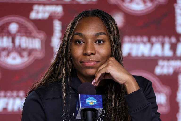 South Carolina Gamecocks guard Bree Hall (23) talks to media before practice at Amalie Arena.