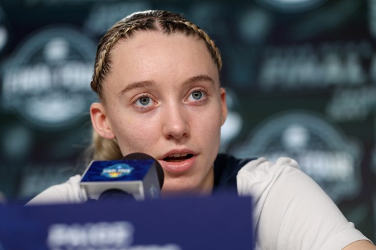 UConn Huskies guard Paige Bueckers (5) talks to media before the NCAA Woman’s Final practice at Amalie Arena.