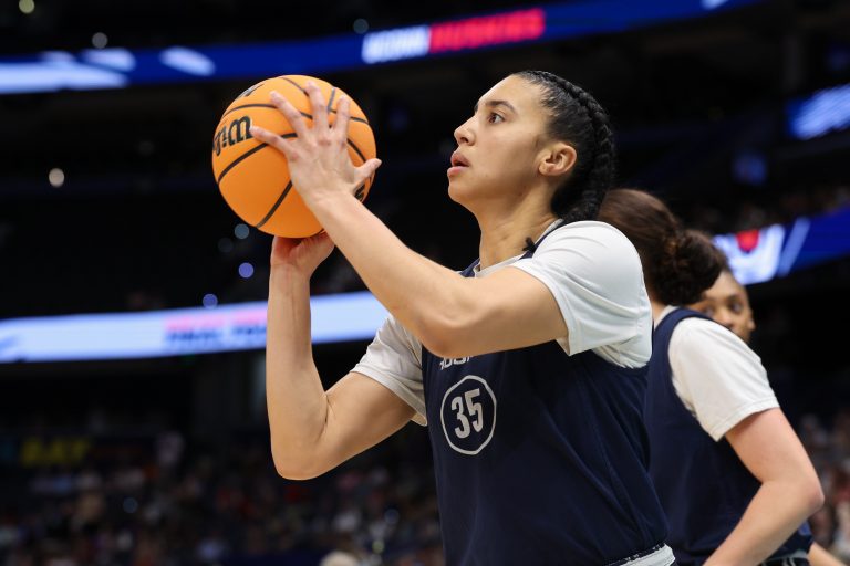 UConn Huskies guard Azzi Fudd (35) practices before the NCAA Woman’s Final at Amalie Arena.