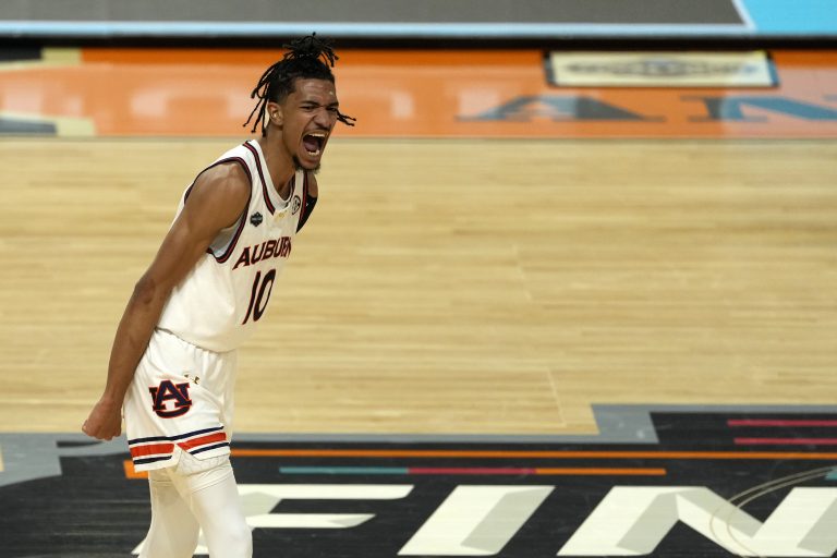 Auburn Tigers guard Chad Baker-Mazara (10) reacts after a play against the Florida Gators during the first half in the semifinals of the men's Final Four of the 2025 NCAA Tournament at Alamodome.