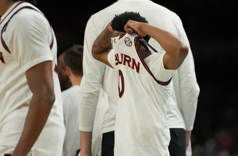 Freshman guard Tahaad Pettiford expresses his thanks following the Tigers' loss to Florida in the Final Four Saturday night, ending his first campaign a game early.
