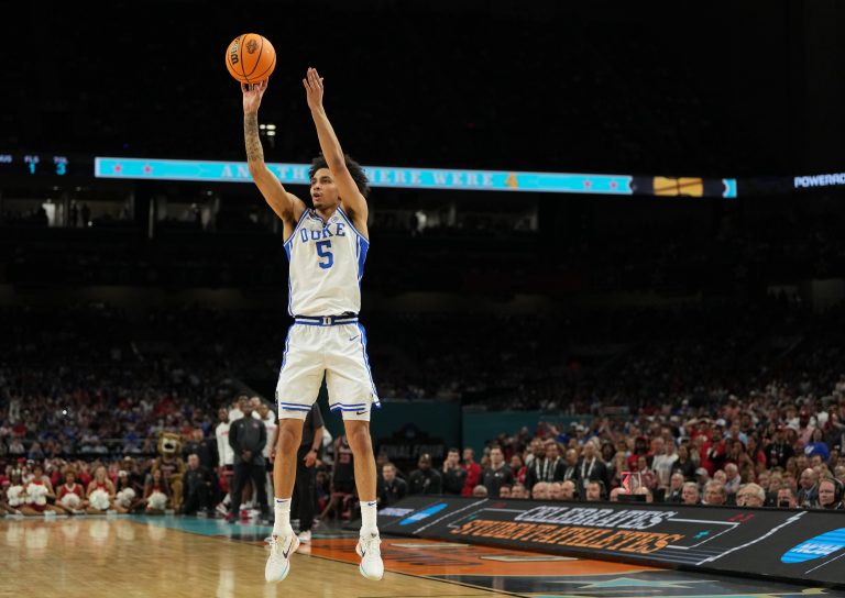 Duke Blue Devils guard Tyrese Proctor (5) shoots the ball against the Houston Cougars during the second half in the semifinals of the men's Final Four of the 2025 NCAA Tournament at the Alamodome.