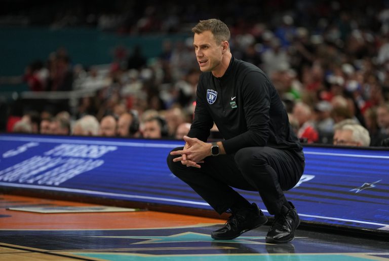 Duke Blue Devils head coach Jon Scheyer looks on during the second half in the semifinals of the men's Final Four of the 2025 NCAA Tournament at the Alamodome.