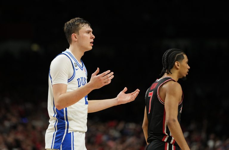 Duke Blue Devils forward Cooper Flagg (2) reacts after a call following a play against the Houston Cougars during the second half in the semifinals of the men's Final Four of the 2025 NCAA Tournament at the Alamodome.
