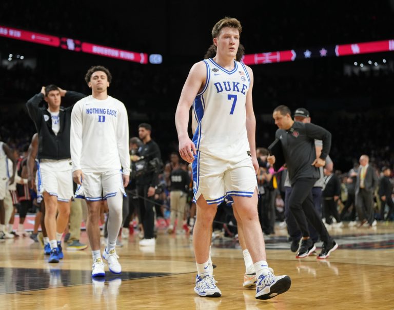 Duke Blue Devils guard Kon Knueppel (7) walks off the court after losing to the Houston Cougars in the semifinals of the men's Final Four of the 2025 NCAA Tournament at the Alamodome.