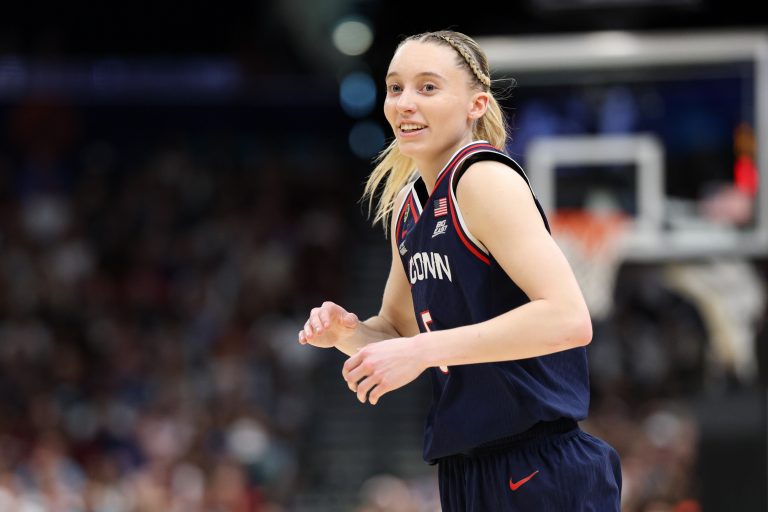 Connecticut Huskies guard Paige Bueckers (5) reacts during the first half against the South Carolina Gamecocks of the national championship of the women's 2025 NCAA tournament at Amalie Arena.