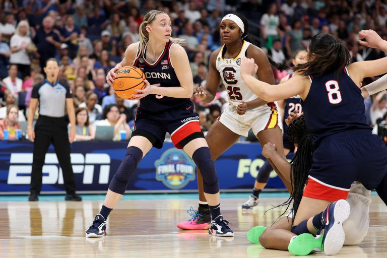 Connecticut Huskies guard Paige Bueckers (5) has the ball against the South Carolina Gamecocks during the second half of the national championship of the women's 2025 NCAA tournament at Amalie Arena.