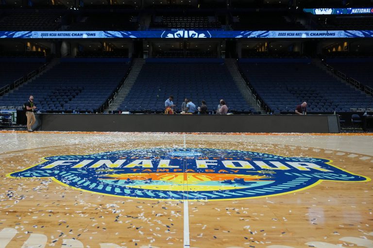 Confetti is seen on the court after the national championship of the women's 2025 NCAA tournament between the South Carolina Gamecocks and the Connecticut Huskies at Amalie Arena.
