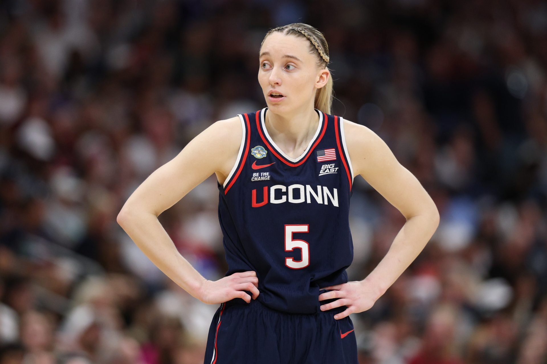 Connecticut Huskies guard Paige Bueckers (5) looks on during the second half of the national championship of the women's 2025 NCAA tournament against the South Carolina