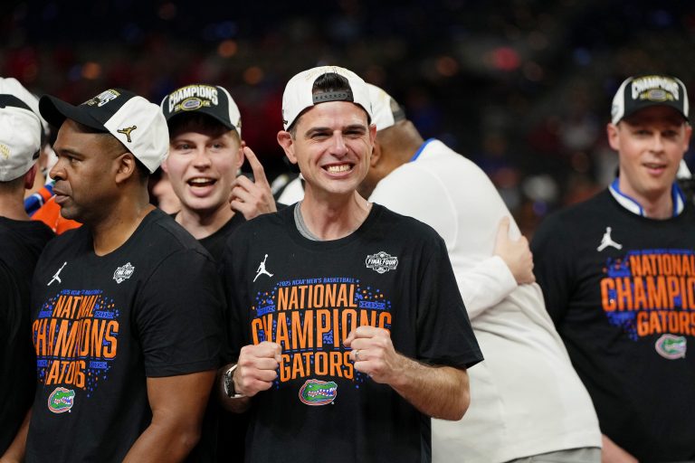 Florida Gators head coach Todd Golden celebrates after winning the national championship game of the Final Four of the 2025 NCAA Tournament at the Alamodome.