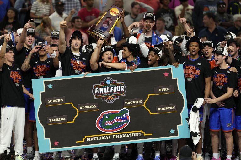 The Florida Gators celebrate after winning the national championship game of the Final Four of the 2025 NCAA Tournament at the Alamodome.