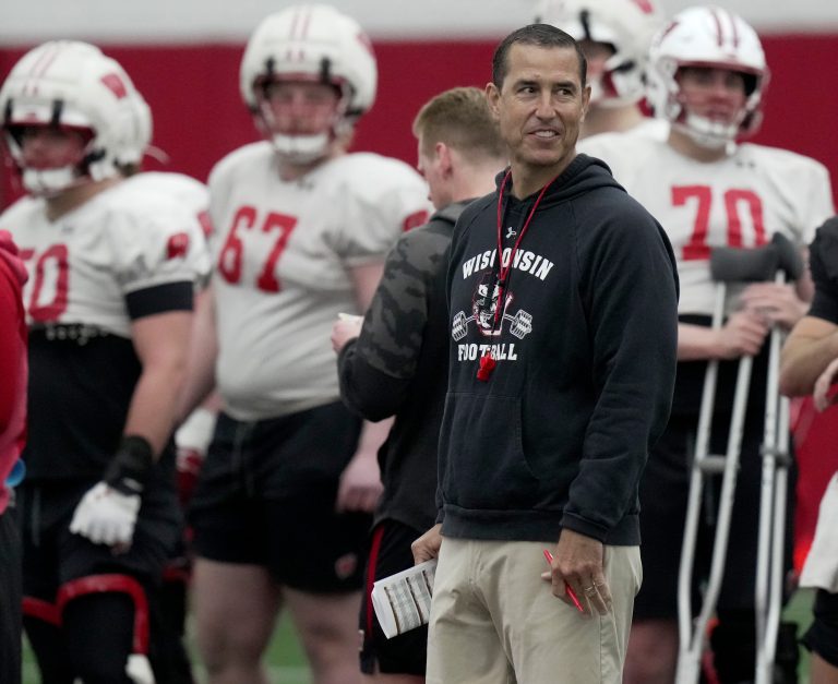 Wisconsin head football coach Luke Fickell is shown during spring football practice Thursday, April 3, 2025 in Madison, Wisconsin. Mark Hoffman/Milwaukee Journal Sentinel