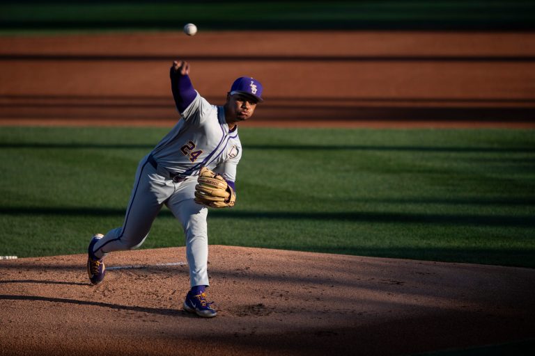 LSU Tigers' Anthony Eyanson (24) pitches the ball as Auburn Tigers take on LSU Tigers at Plainsman Park in Auburn, Ala., on Saturday, April 12, 2025.
