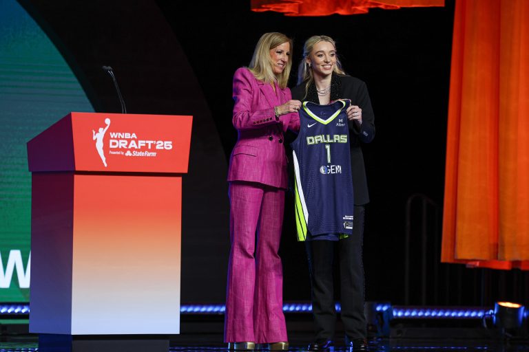 Paige Bueckers poses with WNBA commissioner Cathy Engelbert after being selected with the number one overall pick to the Dallas Wings in the 2025 WNBA Draft at The Shed at Hudson Yards