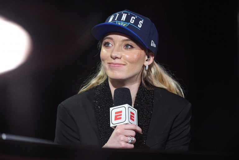 Paige Bueckers is interviewed by ESPN after being selected with the number one overall pick to the Dallas Wings in the 2025 WNBA Draft at The Shed at Hudson Yards.
