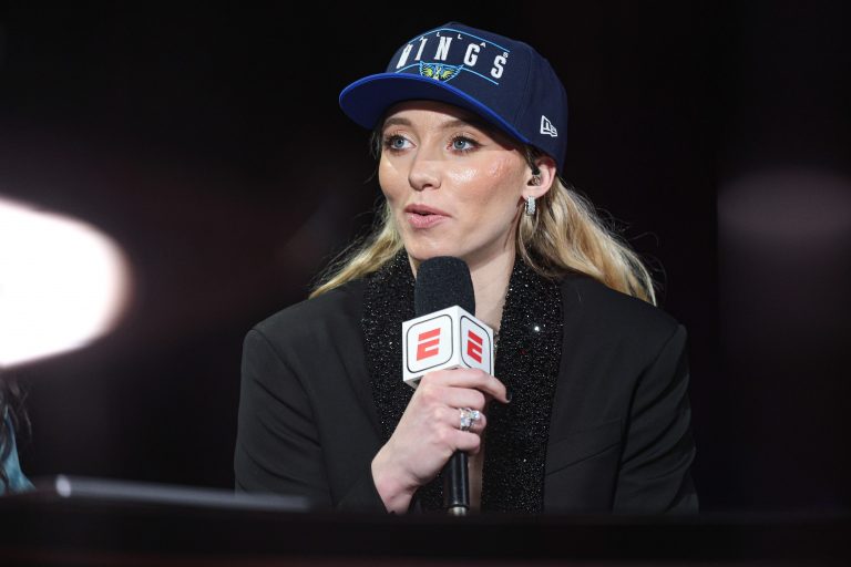 Paige Bueckers is interviewed by ESPN after being selected with the number one overall pick to the Dallas Wings in the 2025 WNBA Draft at The Shed at Hudson Yards.