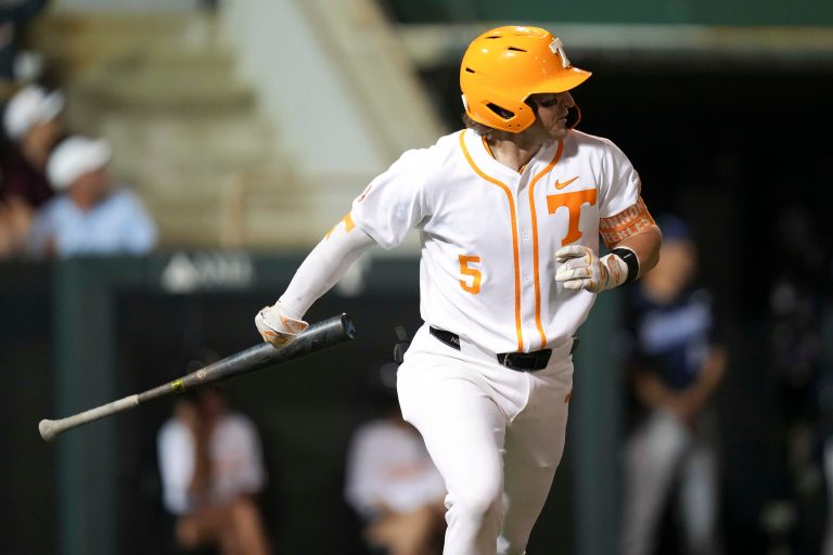 Tennessee catcher Cannon Peebles (5) drops the bat after hitting a home run during a NCAA baseball game between Tennessee and Kentucky at Lindsey Nelson Stadium in Knoxville, Tenn., on April 18, 2025.