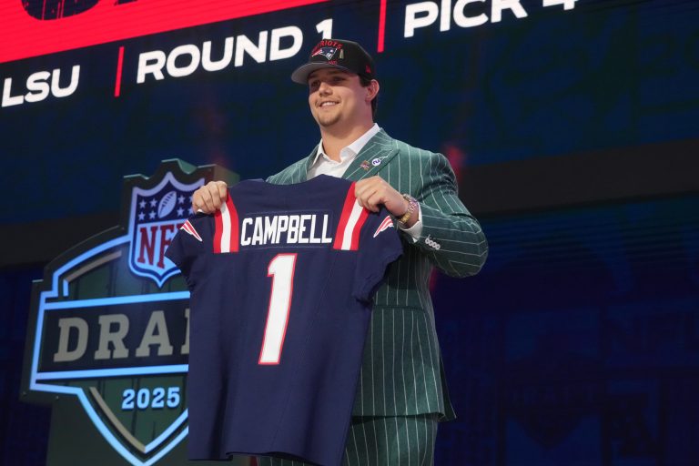 LSU Tigers offensive lineman Will Campbell is selected by the New England Patriots as the number four pick in the first round of the 2025 NFL Draft at Lambeau Field.
