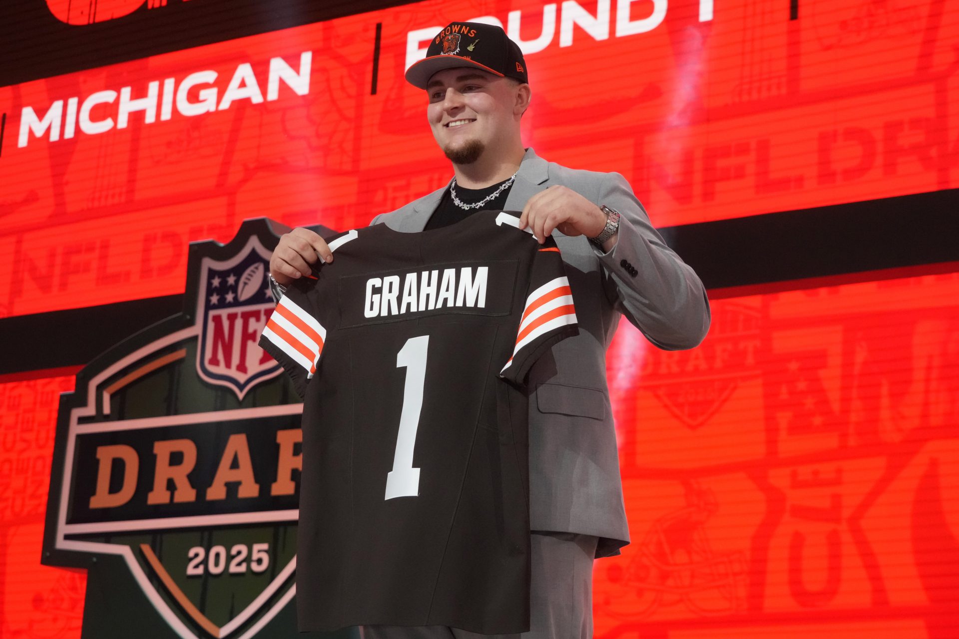 Michigan Wolverines defensive lineman Mason Graham is selected by the Cleveland Browns as the number five pick in the first round of the 2025 NFL Draft at Lambeau Field.