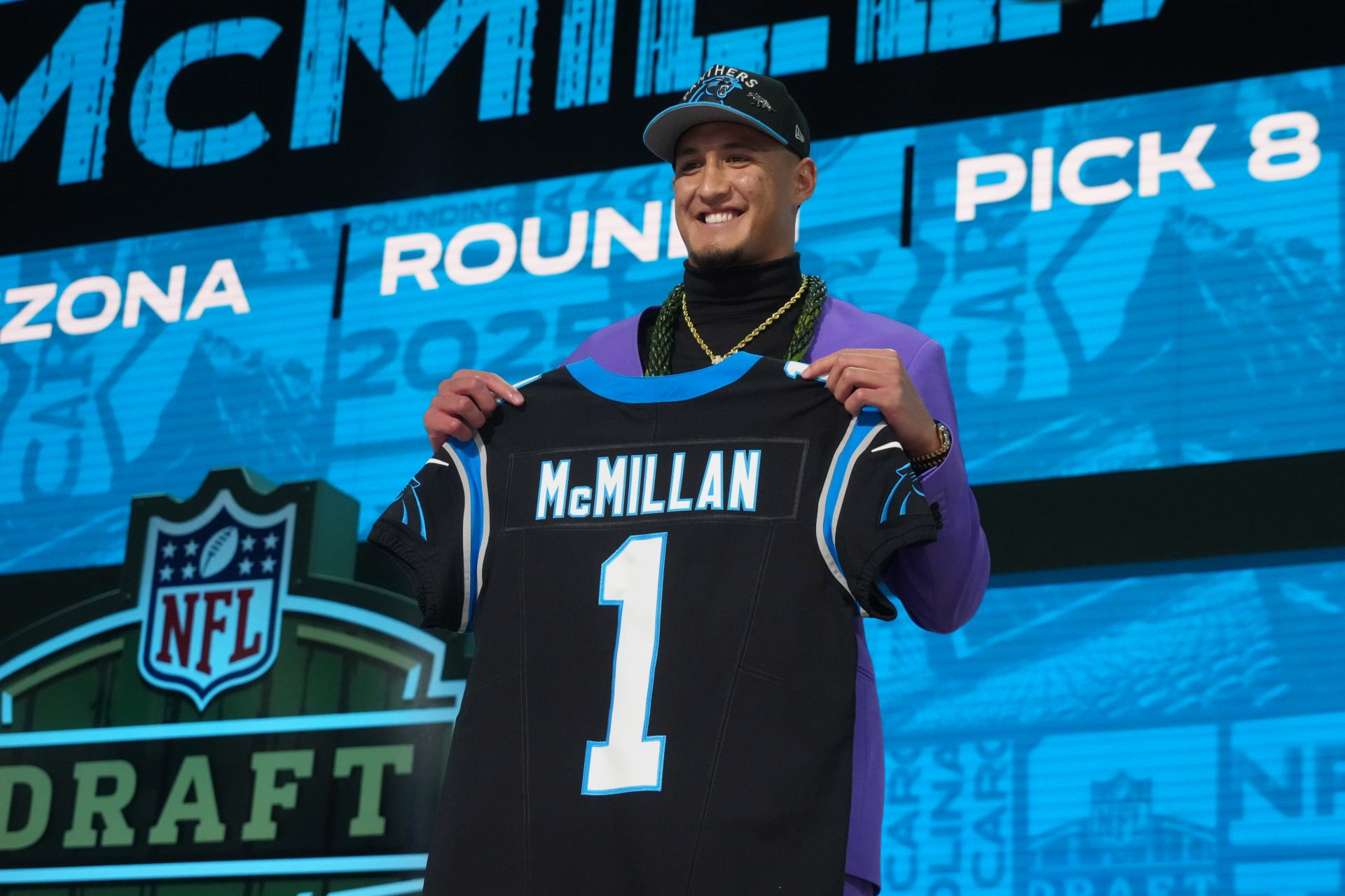 Arizona Wildcats wide receiver Tetairoa McMillan is selected by the Carolina Panthers as the number eight pick in the first round of the 2025 NFL Draft at Lambeau Field.