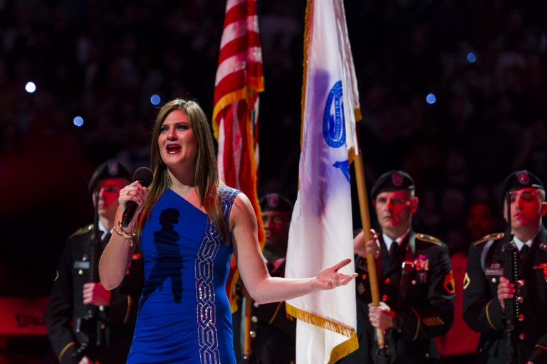 Ayla Brown performs the national anthem prior to the game between the Philadelphia 76ers and the Miami Heat at the Wells Fargo Center. The Heat defeated the Sixers 114-90.