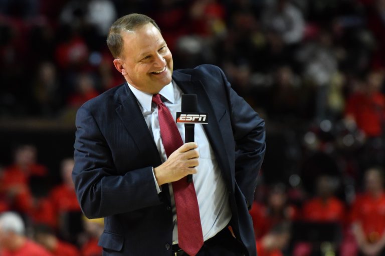 ESPN commentator Dan Dakich stands on the court during the first half of the game between the Maryland Terrapins and the Indiana Hoosiers at Xfinity Center.
