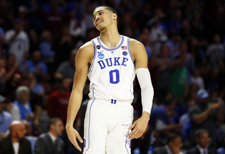 Duke Blue Devils forward Jayson Tatum (0) reacts during the second half against the South Carolina Gamecocks in the second round of the 2017 NCAA Tournament at Bon Secours Wellness Arena.