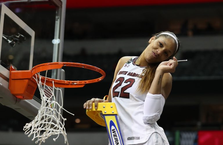 South Carolina Gamecocks forward A'ja Wilson (22) celebrates as she cuts down the net after defeating the Mississippi State Lady Bulldogs in the 2017 Women's Final Four championship at American Airlines Center.