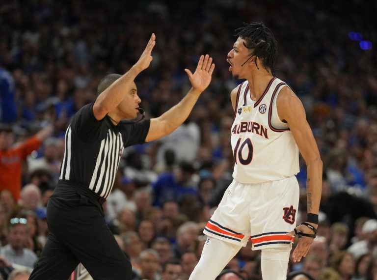 Auburn Tigers guard Chad Baker-Mazara (10) reacts against the Florida Gators in the semifinals of the men's Final Four of the 2025 NCAA Tournament at the Alamodome.