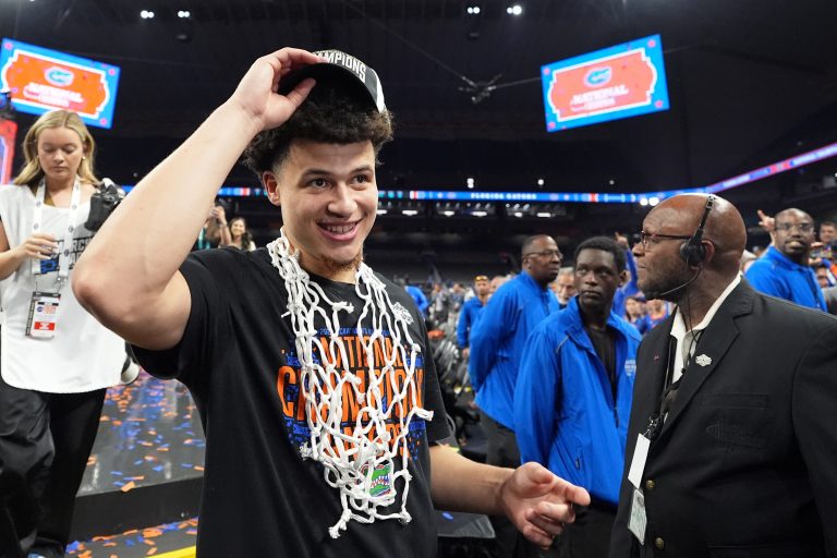 Florida Gators guard Walter Clayton Jr. (1) celebrates after winning the national championship game of the Final Four of the 2025 NCAA Tournament at the Alamodome.