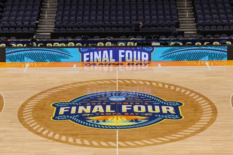 A general view of the stadium before NCAA Woman’s Final Four team practice sessions at Amalie Arena.