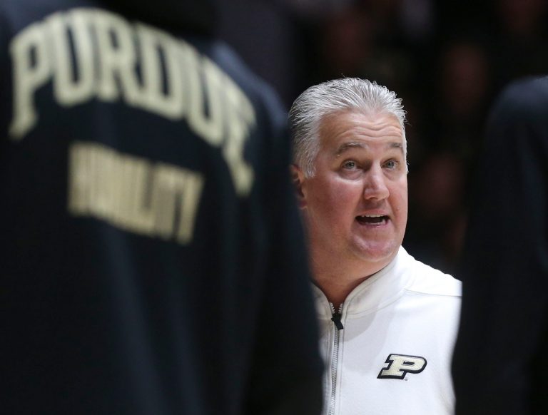 Purdue Boilermakers head coach Matt Painter leads a team huddle Sunday, Dec. 29, 2024, during the NCAA men’s basketball game against the Toledo Rockets at Mackey Arena in West Lafayette, Ind.