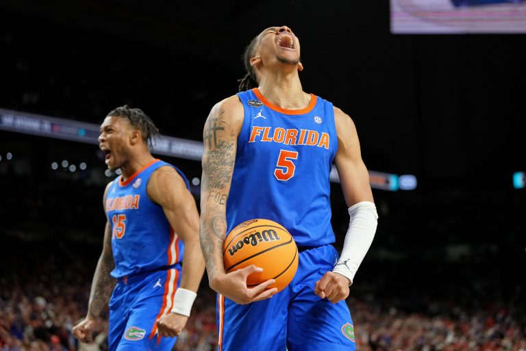 Florida Gators guard Will Richard (5) reacts after a play against the Houston Cougars during the second half of the national championship game of the Final Four of the 2025 NCAA Tournament at the Alamodome.