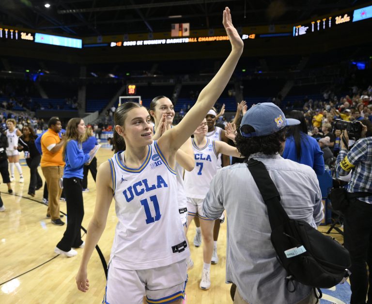UCLA Bruins guard Gabriela Jaquez (11) waves to fans after the Bruins defeated the Richmond Spiders during an NCAA Tournament second round game at Pauley Pavilion presented by Wescom.