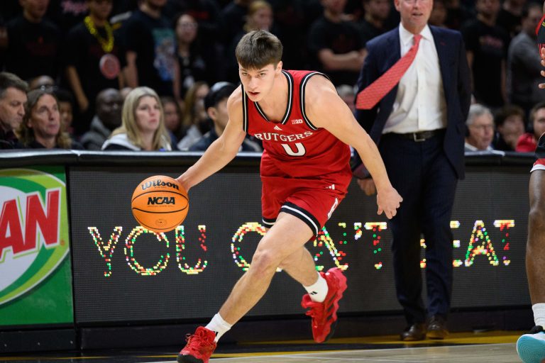 Rutgers Scarlet Knights guard Jordan Derkack (0) handles the ball during the first half against the Maryland Terrapins at Xfinity Center.